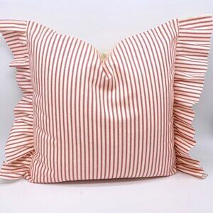 Red Ticking Striped Pillow Cover with Side Ruffles